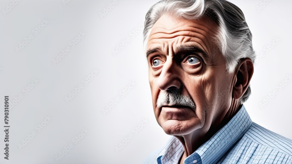 Face of an elderly man surprised, white background, copy space Face of an elderly man surprised, white background, copy space