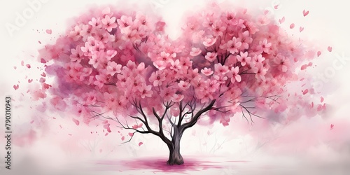 Pink sakura heart tree with a flower  in the style of realistic watercolors. Symbol of love romantic holiday. Nature outdoor plant scene view