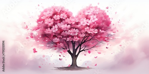 Pink sakura heart tree with a flower, in the style of realistic watercolors. Symbol of love romantic holiday. Nature outdoor plant scene view © AkimD