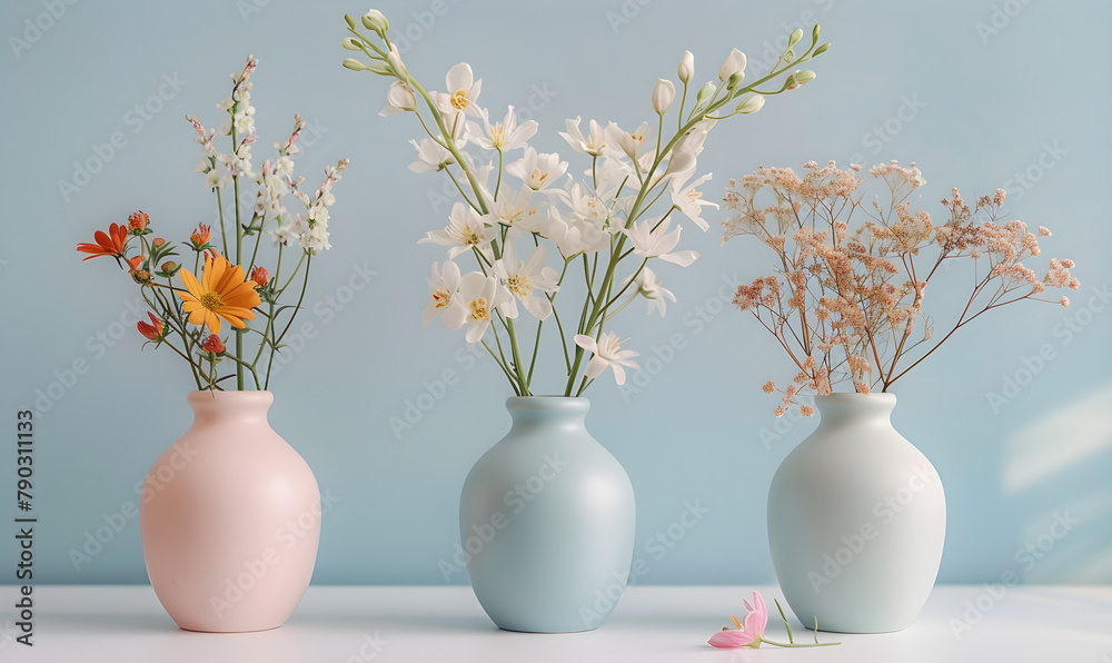 Three vases with colorful flowers arranged on a table with a white and light blue background, perfect for home decor or interior design. Three vases with colorful flowers arranged on a table with a white and light blue background, perfect for home decor or interior design.
