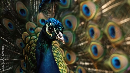 Peacock displaying its feathers up close