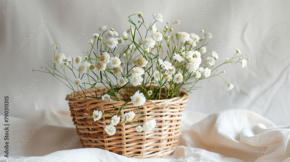 Basket of White Flowers on Table