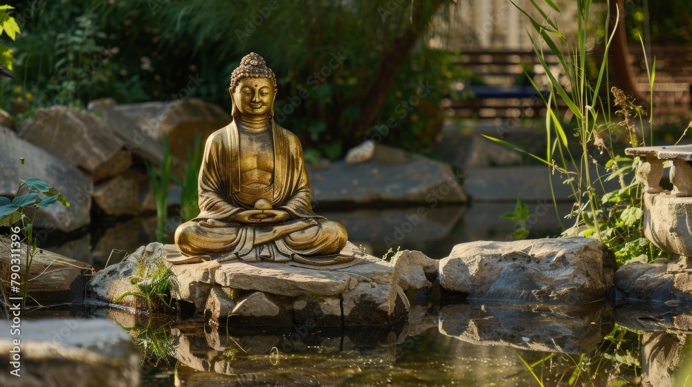 Serene Buddha Statue in Peaceful Garden Setting. Serene Buddha Statue in Peaceful Garden Setting.