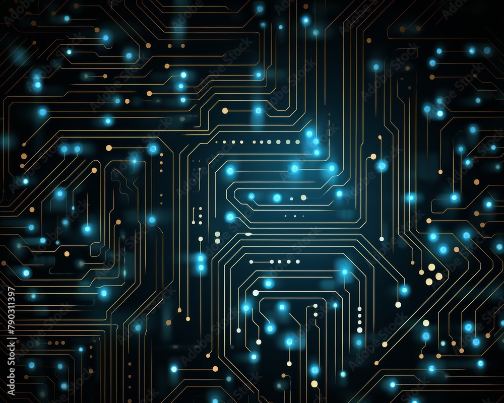 Circuit board with glowing blue and gold lines Circuit board with glowing blue and gold lines