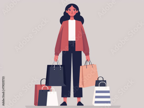 Illustration of a young woman with multiple shopping bags in a stylized pose. photo