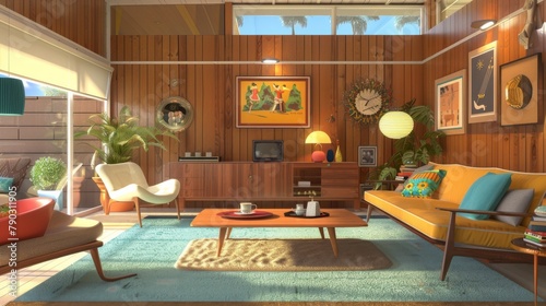 Cozy mid century modern living room basking in warm sunlight