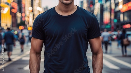 Fashionable Man Wearing a Plain Black T-Shirt in Bustling City Street 