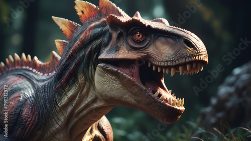 close portrait of a carnivore dinossaur in the wild, sharp focus, studio quality, 16k, high quality photo,high quality photo, cinematic shot, cgi, hyperdetailed fur textures, ambience light, painting,