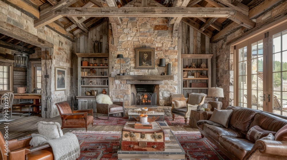 Cozy rustic living room with a warm fireplace and wooden beams