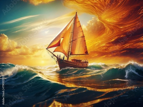 Watercraft. Boat painting the sky with vibrant colors as it floats in the ocean at sunset