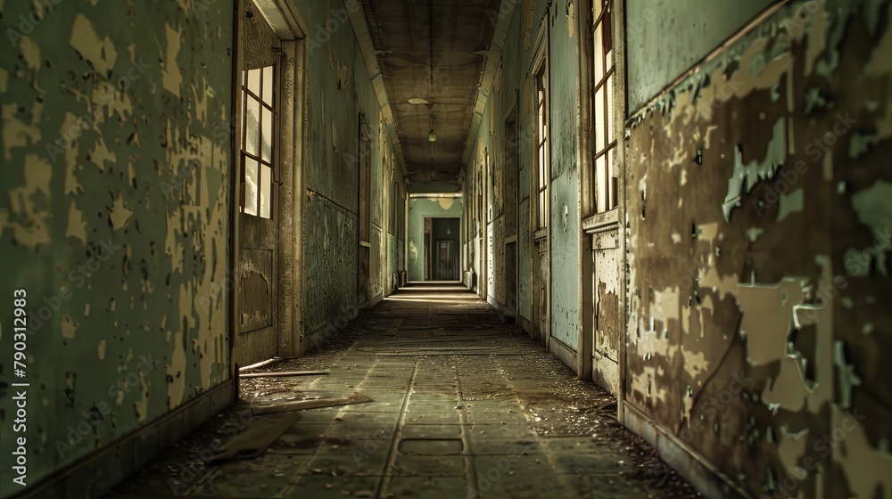 The corridor of the old hospital looms before you like a forgotten passage into darkness. Its walls, once pristine white, now bear the scars of time, marked by peeling paint and eerie shadows that dan