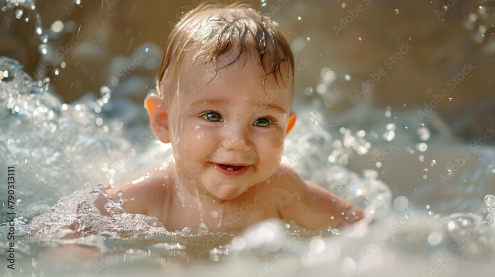 Obraz premium Baby's bath time: A contented Caucasian baby enjoys a relaxing bath, their fair skin glistening with water droplets as they splash and play.