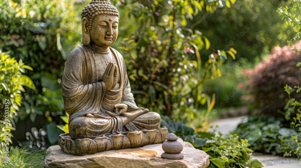 Serene Buddha Statue in Peaceful Garden Setting. Serene Buddha Statue in Peaceful Garden Setting.