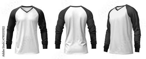 Set of men black long sleeve Raglan Sleeves white tee t shirt colour block V-neck front, back and side view on transparent background cutout, PNG file. Mockup template for artwork design photo