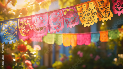 chinese lantern festival, A close-up view of acolorful papel picado banner swaying gently in the breeze, casting intricate shadows on a sunlit patio. © Hasnain Arts