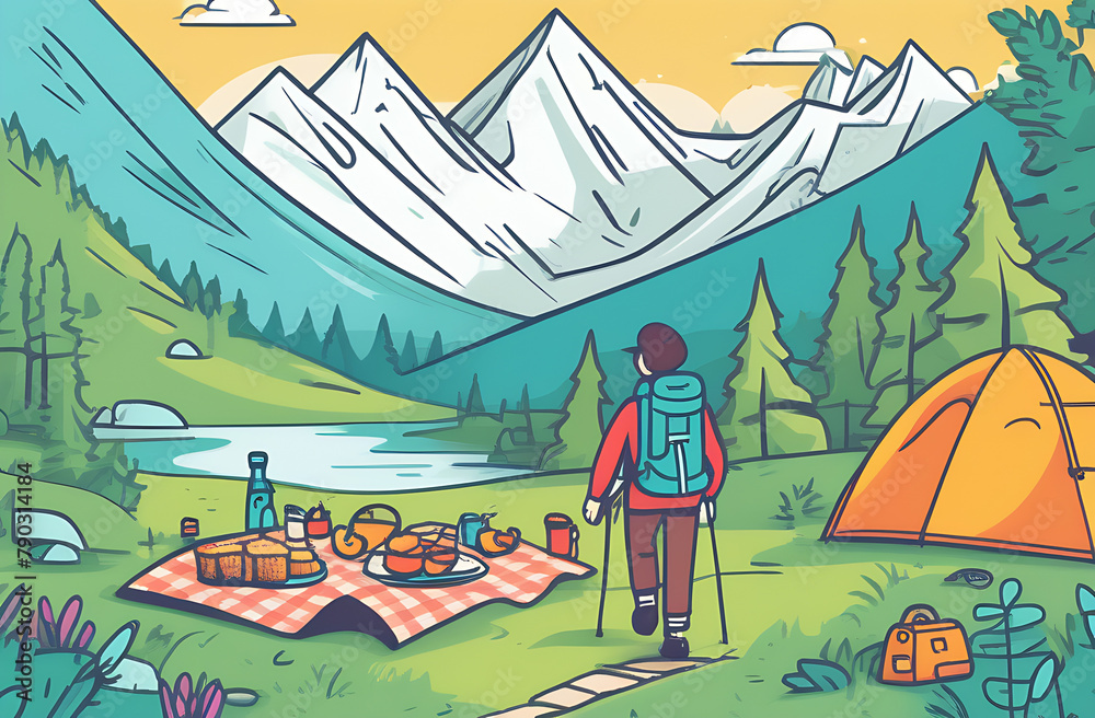 Fototapeta premium Tourist hike with tent and picnic in nature, family travel and vacation, camping away from the city