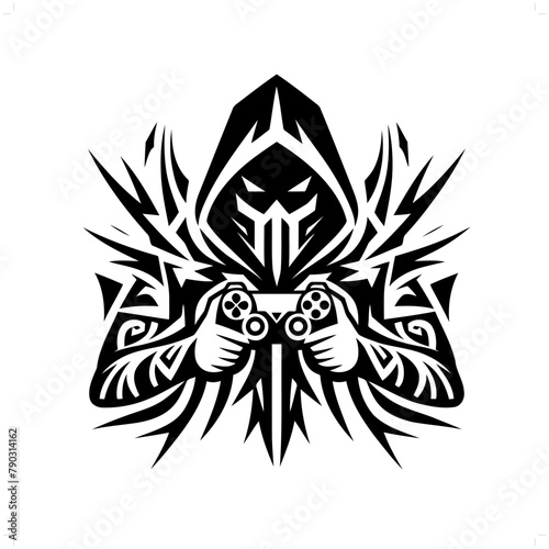 gamer; vr in modern tribal tattoo, abstract line art of people, minimalist contour. Vector
