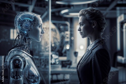 A moment of contemplation between an elegant professional woman and her lifelike robot counterpart, in a high-tech laboratory.