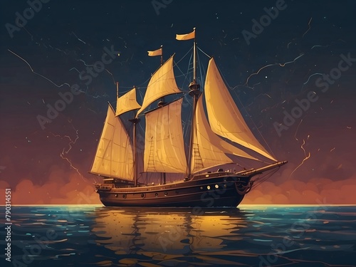 A pixel art of a sailing ship in the ocean under a night sky