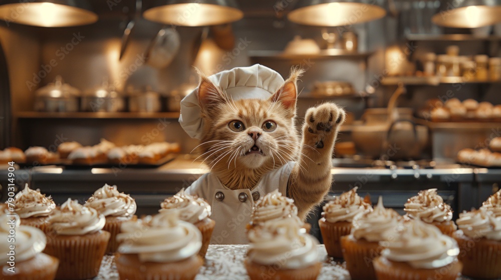 A cat in a chefs hat stands behind a table filled with freshly baked cupcakes, preparing the next batch in the cozy kitchen.