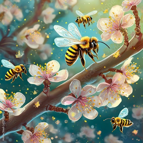 Bee Delight: Blossom Tree Branch with Flying Bees - 3D Vector Rendering photo