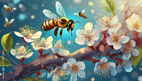 Floral Fantasy: 3D Vector Rendering of Blossom Tree Branch and Bees photo