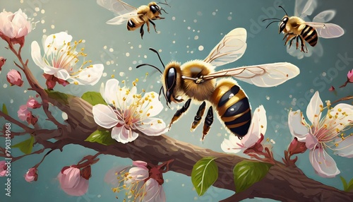 Bee Haven: 3D Vector Illustration of Blossom Tree Branch with Flying Bees photo