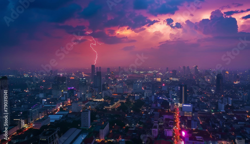 Lightning storm over city in purple light with clouds