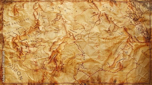 An antique map with routes leading to mythical cities of gold, evoking the allure of highrisk, highreward ventures, aged parchment texture photo