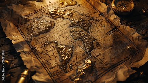 An antique map with routes leading to mythical cities of gold, evoking the allure of highrisk, highreward ventures, aged parchment texture photo