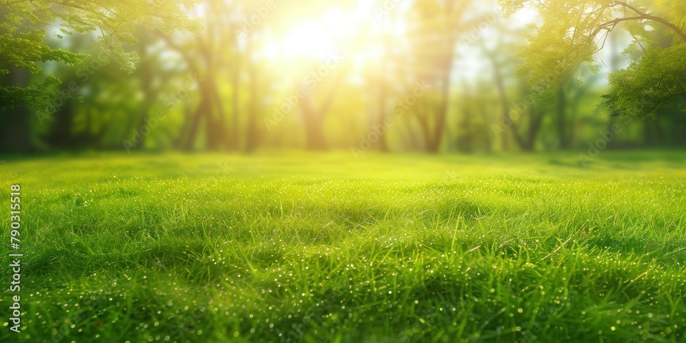 Sunlight streaming through a vibrant forest canopy onto a lush grassy meadow Sunlight streaming through a vibrant forest canopy onto a lush grassy meadow