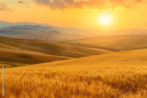 Golden wheat fields under a sunset, the grains turning to gold as they ripen, metaphor for agricultural wealth and renewable resources