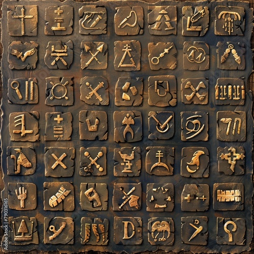 Historical cipher and code icons, drawing on ancient encryption methods like the Caesar cipher and Masonic pigpen, crafted with an archaeological dig site aesthetic