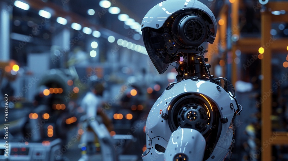 Worker in a robotic exoskeleton at a hightech manufacturing site, managing AIdriven automation processes, neonlit industrial setting, emphasis on efficiency and precision Worker in a robotic exoskeleton at a hightech manufacturing site, managing AIdriven automation processes, neonlit industrial setting, emphasis on efficiency and precision
