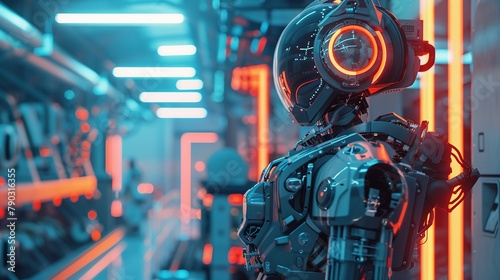 Worker in a robotic exoskeleton at a hightech manufacturing site, managing AIdriven automation processes, neonlit industrial setting, emphasis on efficiency and precision photo