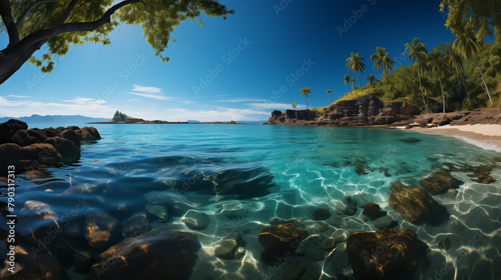 Plage magnifique avec de l'eau bleu transparente et palmier.
