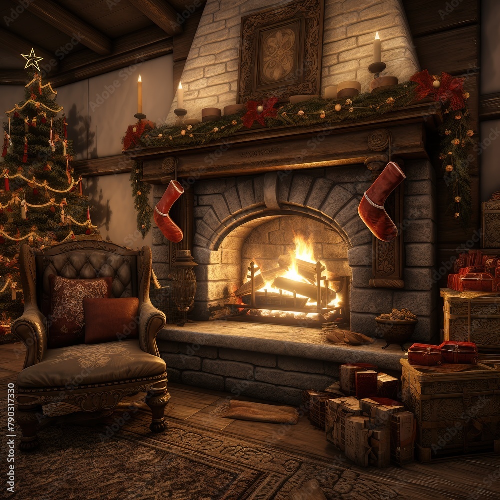 Include a cozy fireplace in the background, adorned with stockings and a crackling fire, Ai generated
