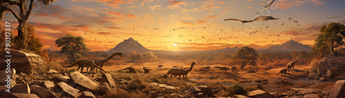 Artistic representation of what the area might have looked like in prehistoric times, with fossils superimposed, blending past with present photo