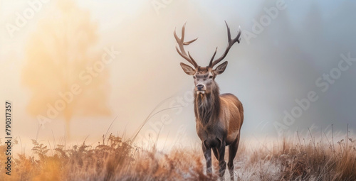 Red deer stag silhouette in the fog mist