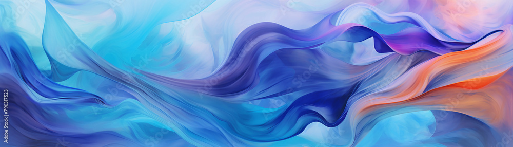 Bright swirling waves on abstract backdrop, panoramic view, intense hues, fluid motion effect