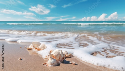 View of the beach waves is truly amazing and creates wisps of white foam on the shoreline, with stunning vibrant reflections of sunlight, sea creatures, shells, starfish and turtles walk on the beach 