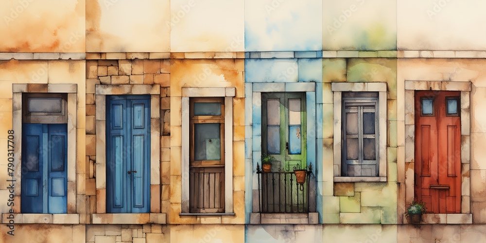 Watercolor draw paint ink front side of house with windows and doors background scene view Watercolor draw paint ink front side of house with windows and doors background scene view