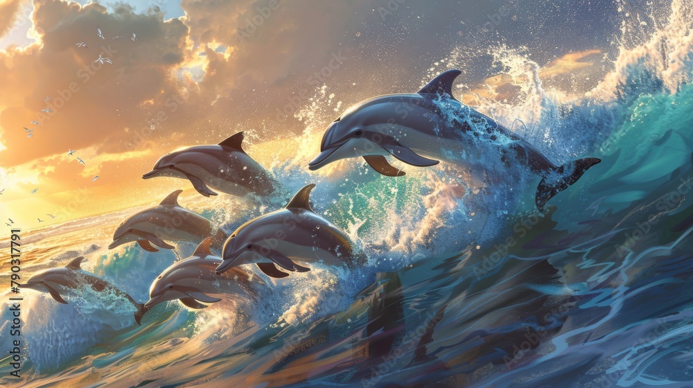 Obraz premium Dolphin pod joy: A playful pod of dolphins leaps joyfully through the waves, their sleek bodies glistening in the sunlight.