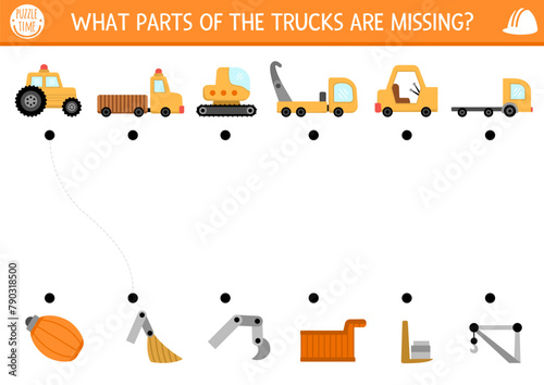 Construction site matching activity with special technics and missing part. Building works puzzle. Match object game, printable worksheet. Repair service match up page with truck, bulldozer, excavator