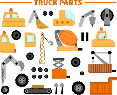 Vector truck spare parts set. Special transport details collection. Construction site, road work, building transport icons with body, cabin, wheel, scoop, crane, platform for bulldozer, tractor, truck © Lexi Claus
