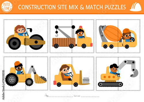 Vector construction site mix and match puzzle with cute industrial vehicles. Matching building works activity for preschool kids. Educational printable game with bulldozer, excavator, truck, roller.
