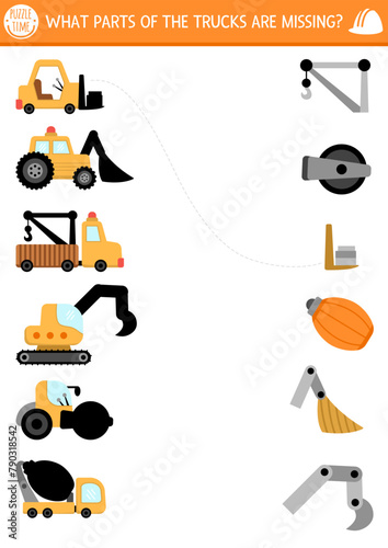 Construction site shadow matching activity with special technics and missing parts. Match silhouette game, printable worksheet. Repair service page or puzzle with truck, bulldozer, excavator. © Lexi Claus