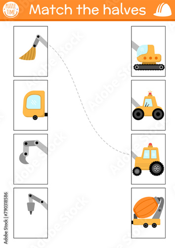 Construction site connect the halves worksheet.  Building works matching game for preschool children bulldozer, concrete mixer, truck, tractor. Match back and front activity with industrial cars.