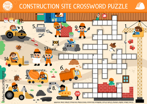 Vector crossword puzzle for kids with construction site landscape. Quiz with workers, industrial vehicles, brick house for children. Cute educational cross word activity with building works scene.