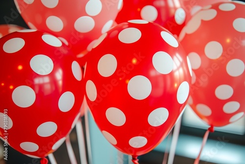 This photo showcases a collection of vibrant red and white polka dot balloons floating in the air, Classic red and white polka dot balloons for a vintage-themed birthday, AI Generated photo